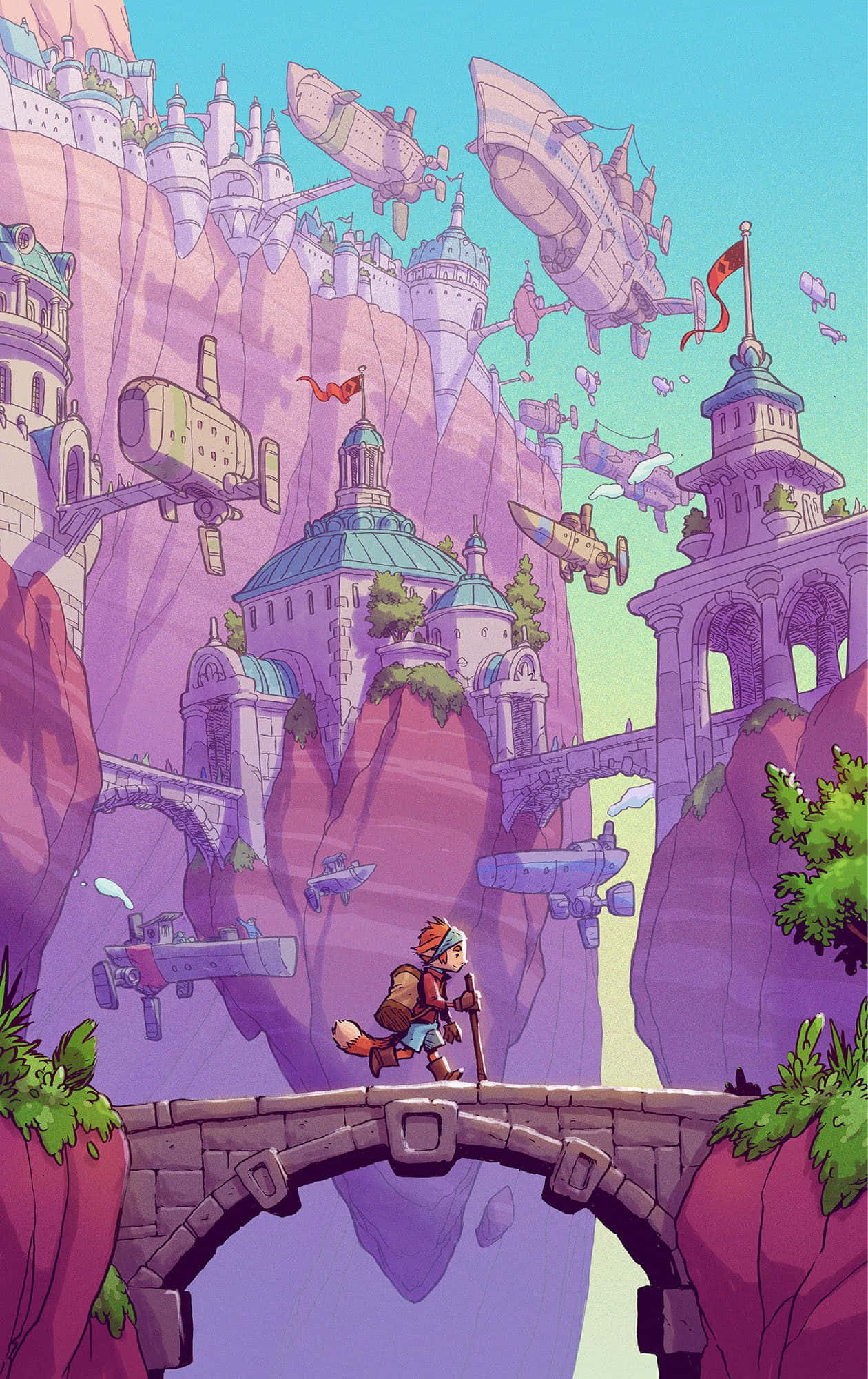 3D animated graphics, stone bridge, floating cities, Full HD Phone Wallpaper