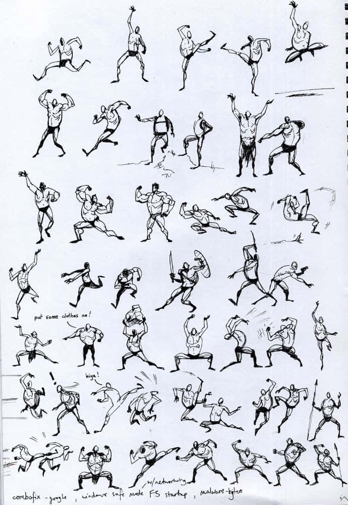 game animation, black and white sketch sheet, muscular male character poses, SD Phone Wallpaper