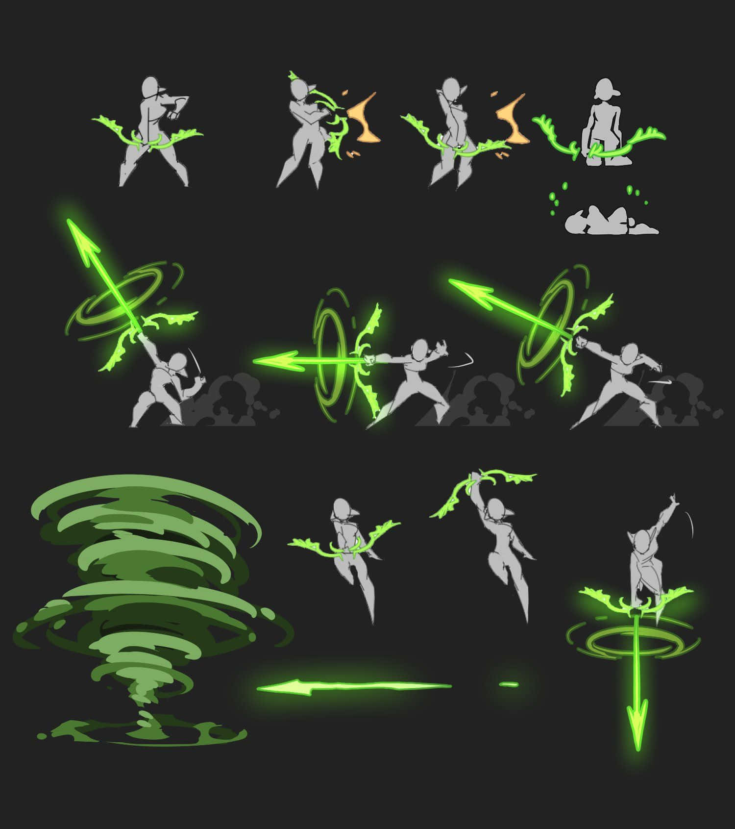 Game Animation, glowing green energy arrows, dynamic combat poses, HD Phone Wallpaper