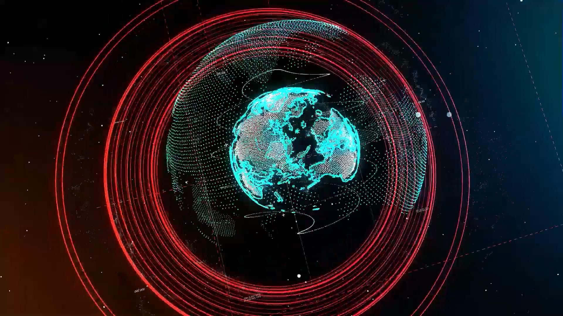 glowing blue digital globe, concentric red data rings, starry cosmic background, Full HD Desktop Wallpaper
