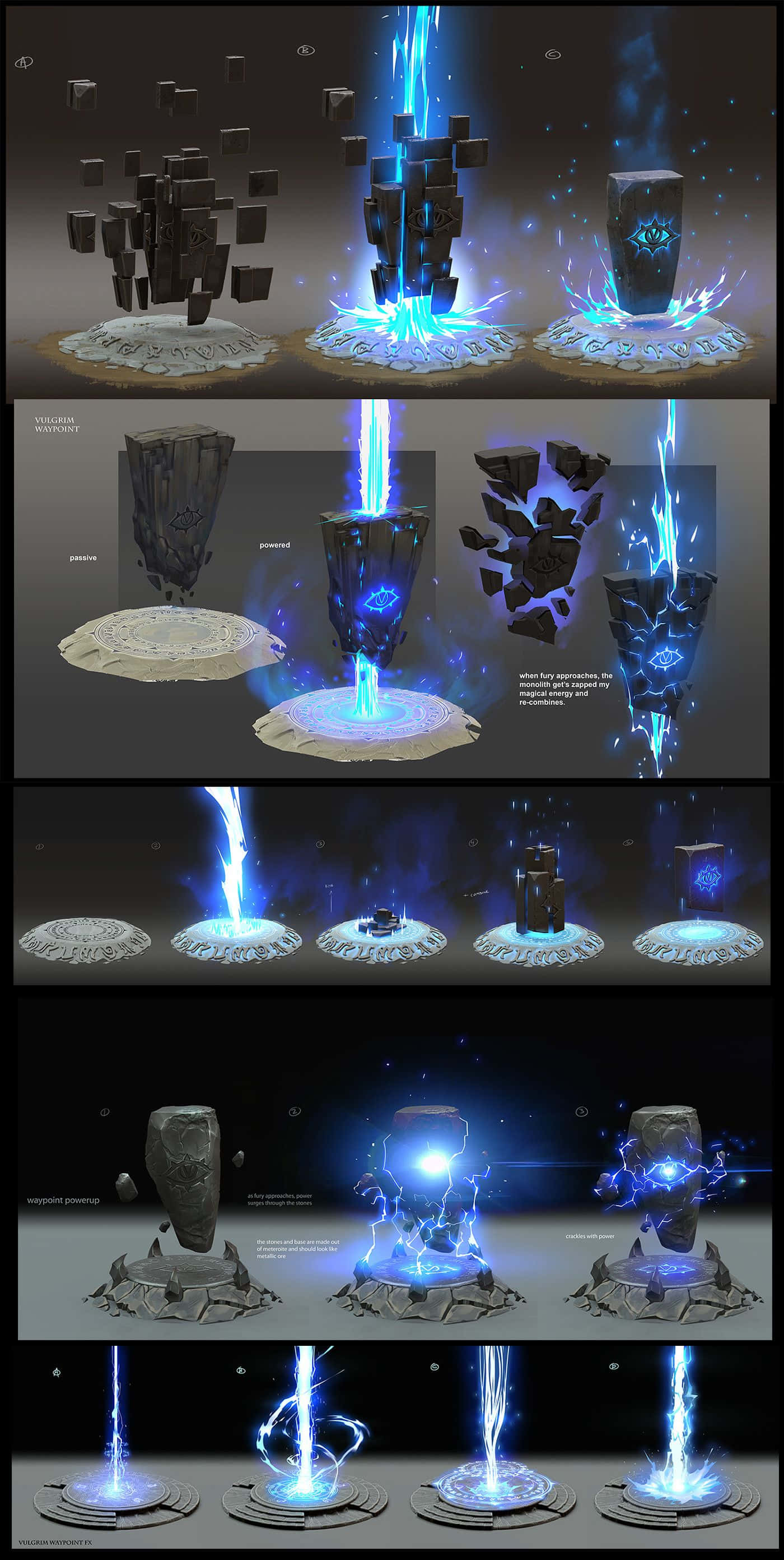 Game Animation, glowing blue energy pillars, shattered stone artifacts, 2K Phone Wallpaper