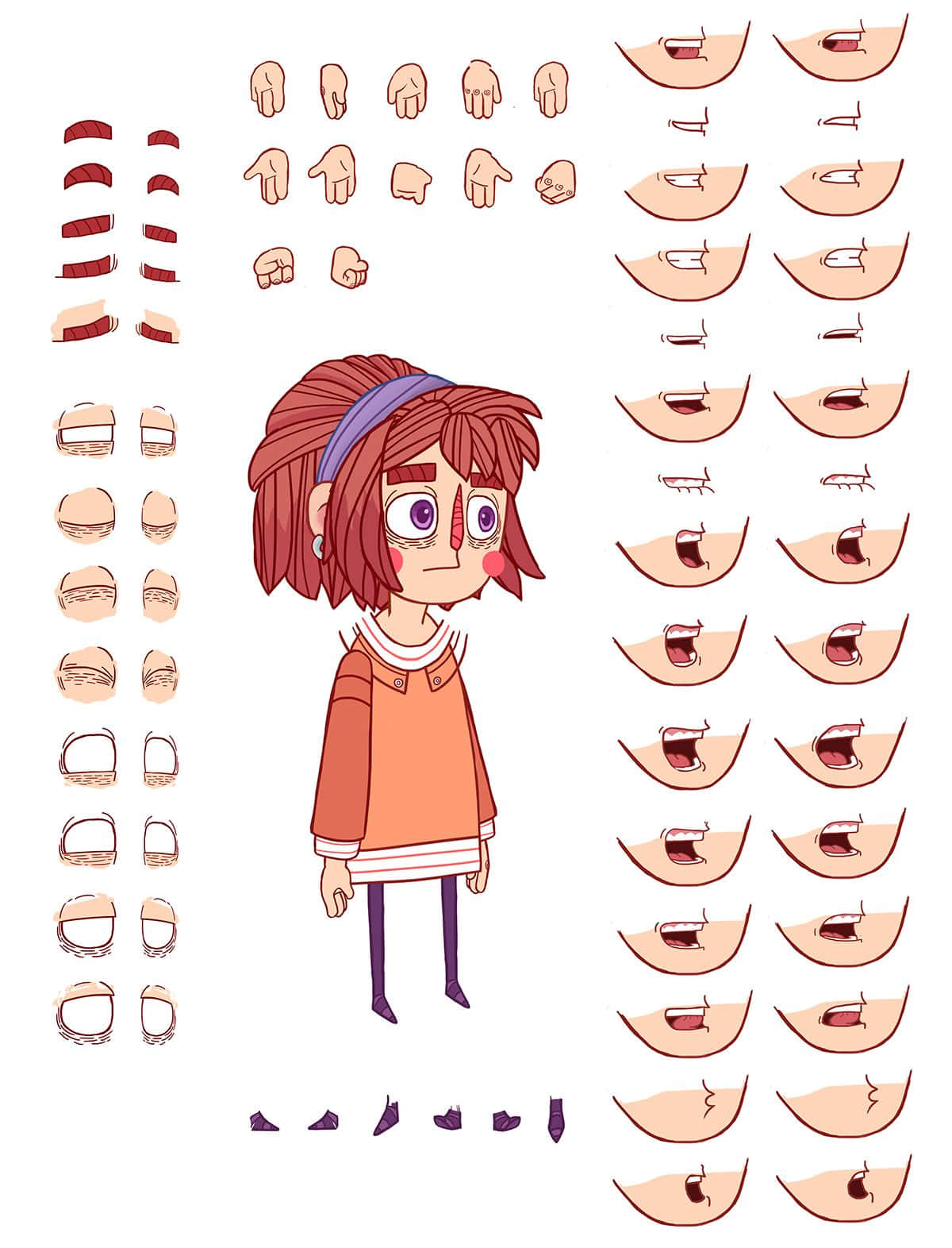 red-haired girl, cartoon character design sheet, interchangeable facial expressions, HD Phone Wallpaper
