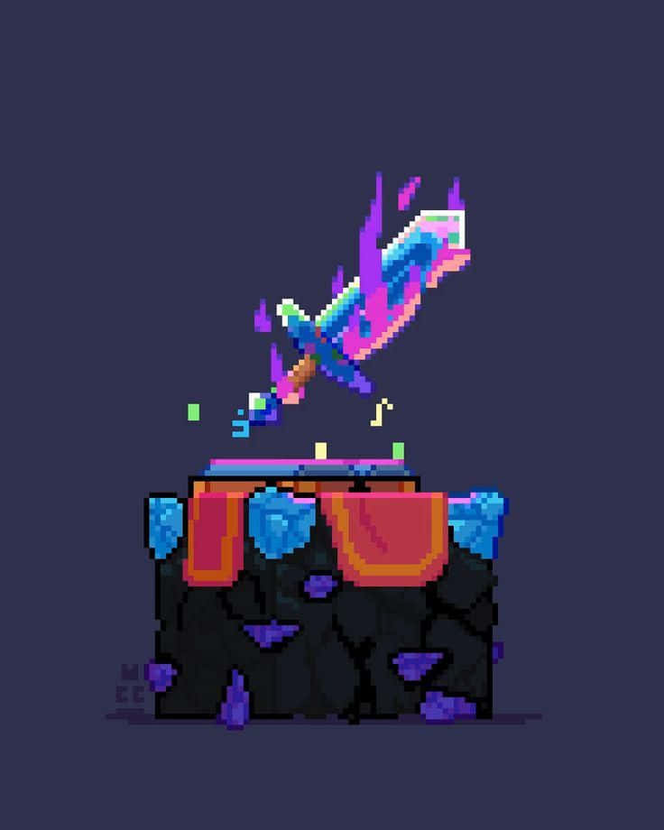 pixel-art sword, glowing purple and blue energy bursts, cracked chest, SD Phone Wallpaper