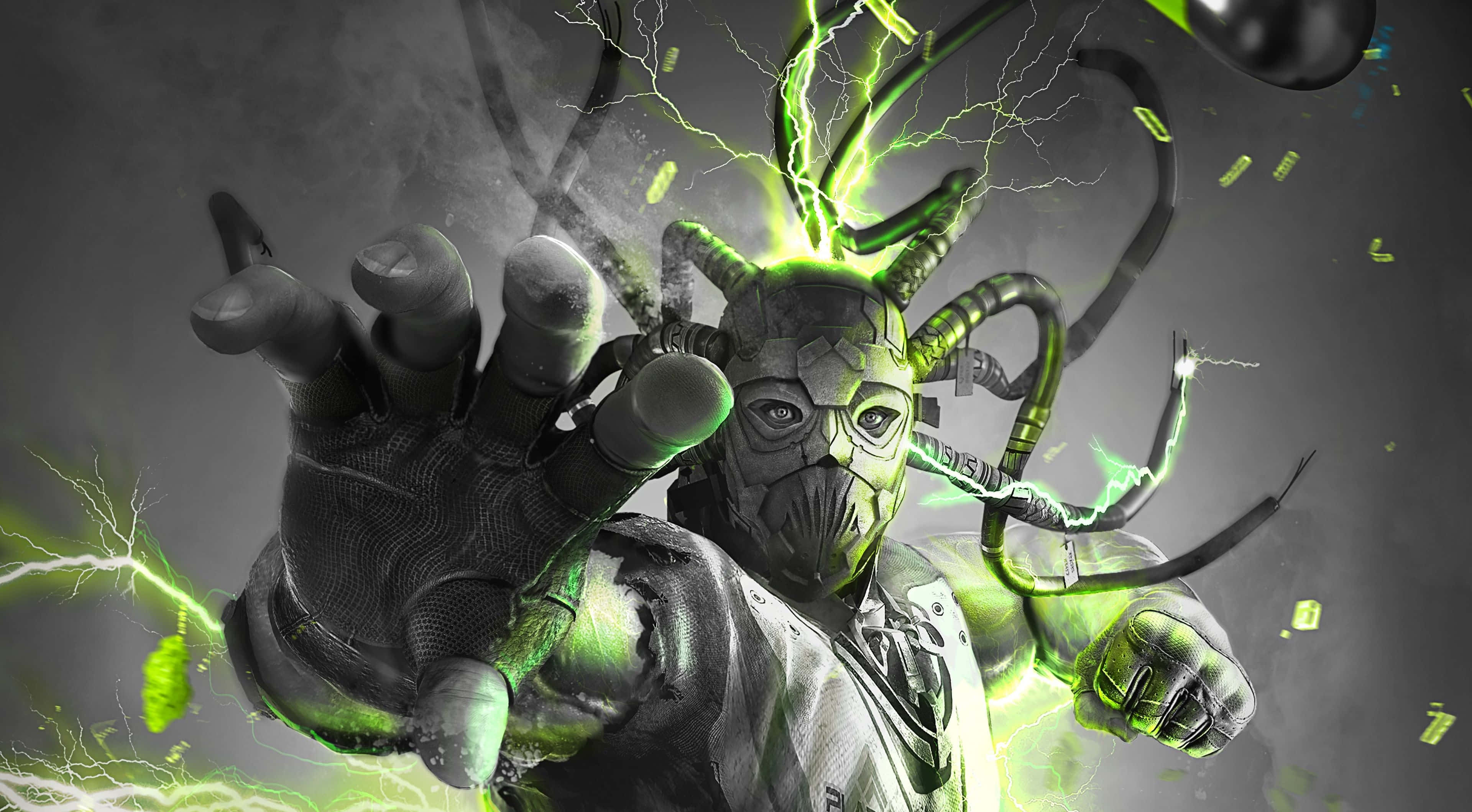 green lightning, masked warrior, glowing hands, 4K Desktop Wallpaper
