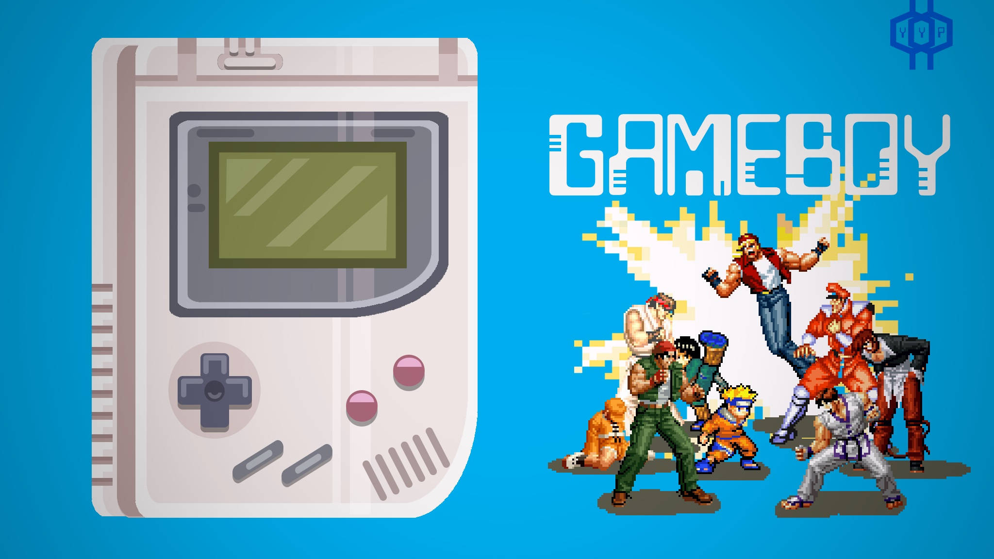 Game Boy, pixelated fighting game characters, bright blue background, Full HD Desktop Wallpaper