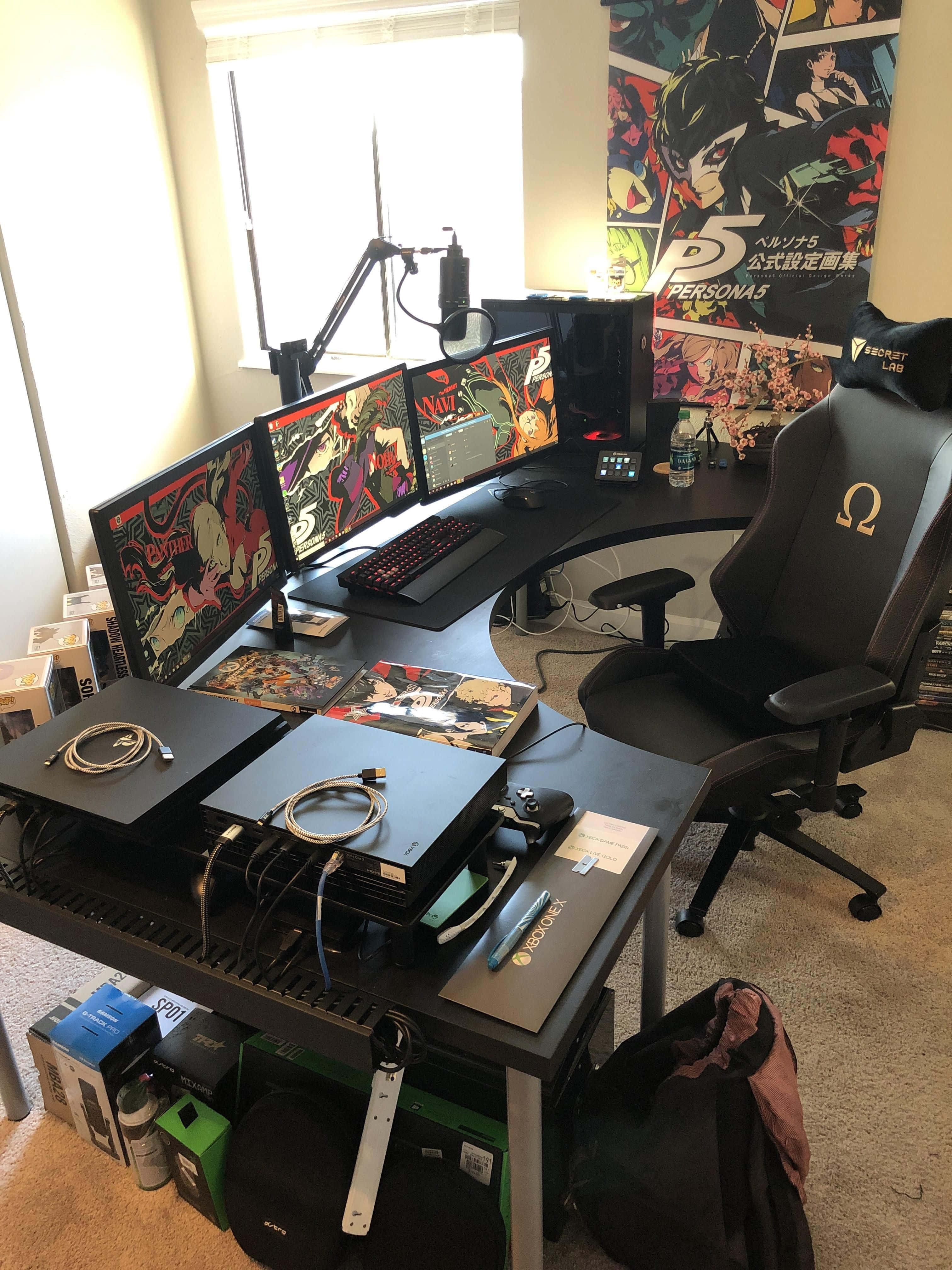 game console emulators, three monitors, anime posters, 4K Phone Wallpaper