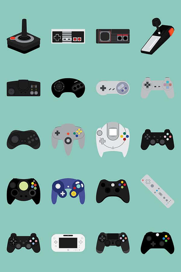 teal background, flat vector grid, classic video game controllers, SD Phone Wallpaper