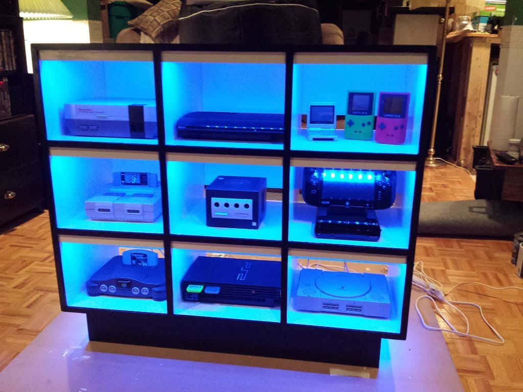 glowing blue lit cube shelf, vintage gaming consoles, handhelds, SD Desktop Wallpaper
