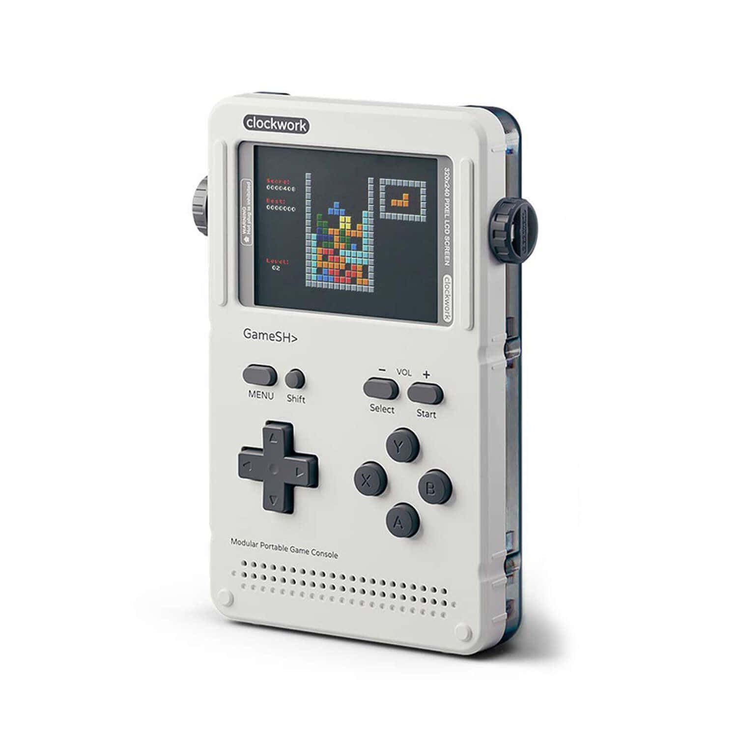 white modular handheld game console, colorful Tetris game, monochrome screen, HD Desktop Wallpaper