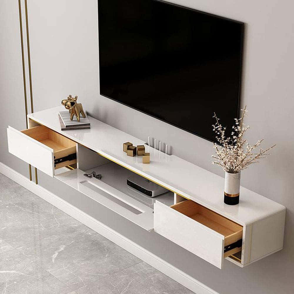 Game Console Emulators, white floating TV console, gold accents, SD Desktop Wallpaper