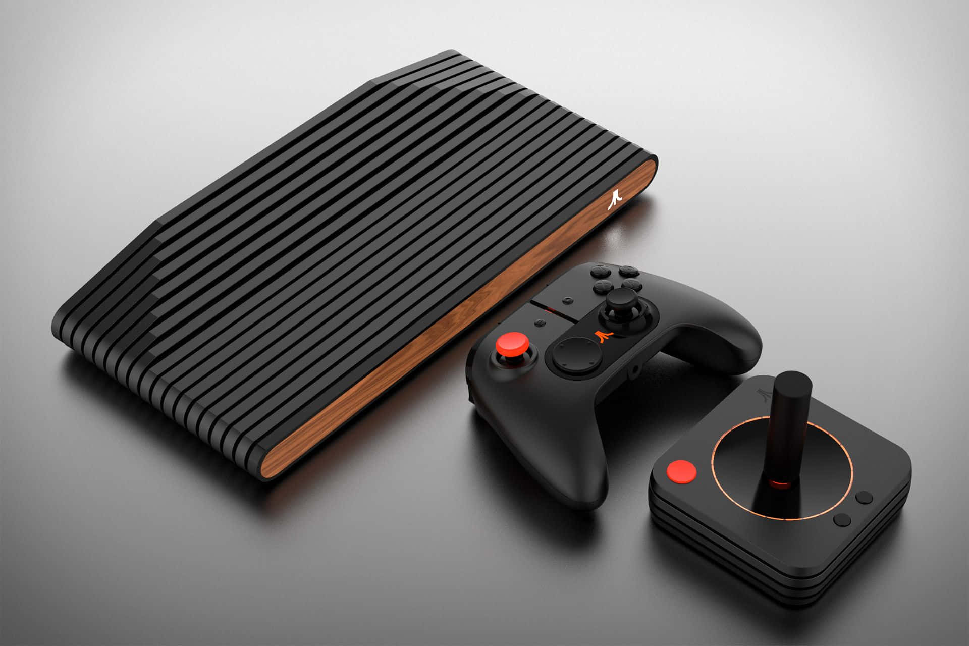 sleek black gaming console, wood trim, two controllers, Full HD Desktop Wallpaper