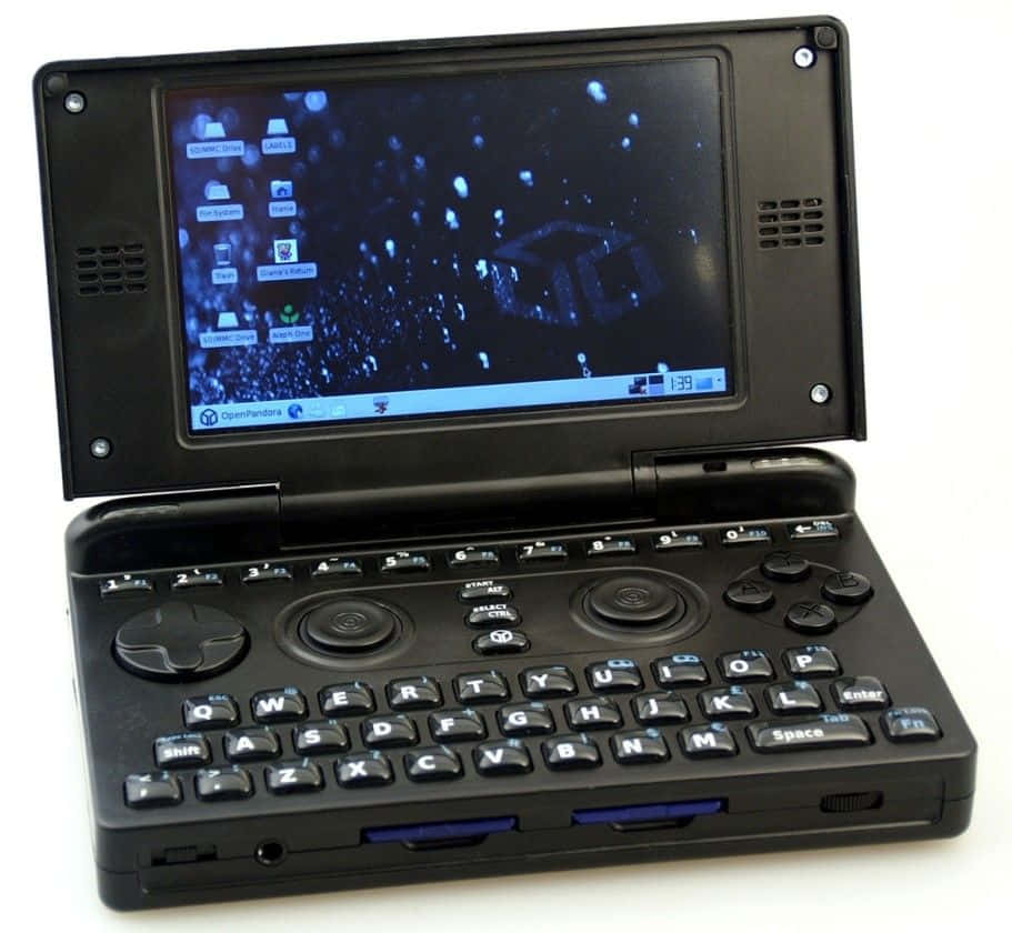 black handheld gaming device, blue glowing screen, desktop interface, SD Desktop Wallpaper