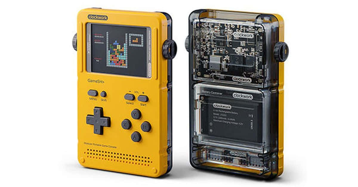 bright yellow handheld game console, internal circuitry, pixelated game, SD Desktop Wallpaper
