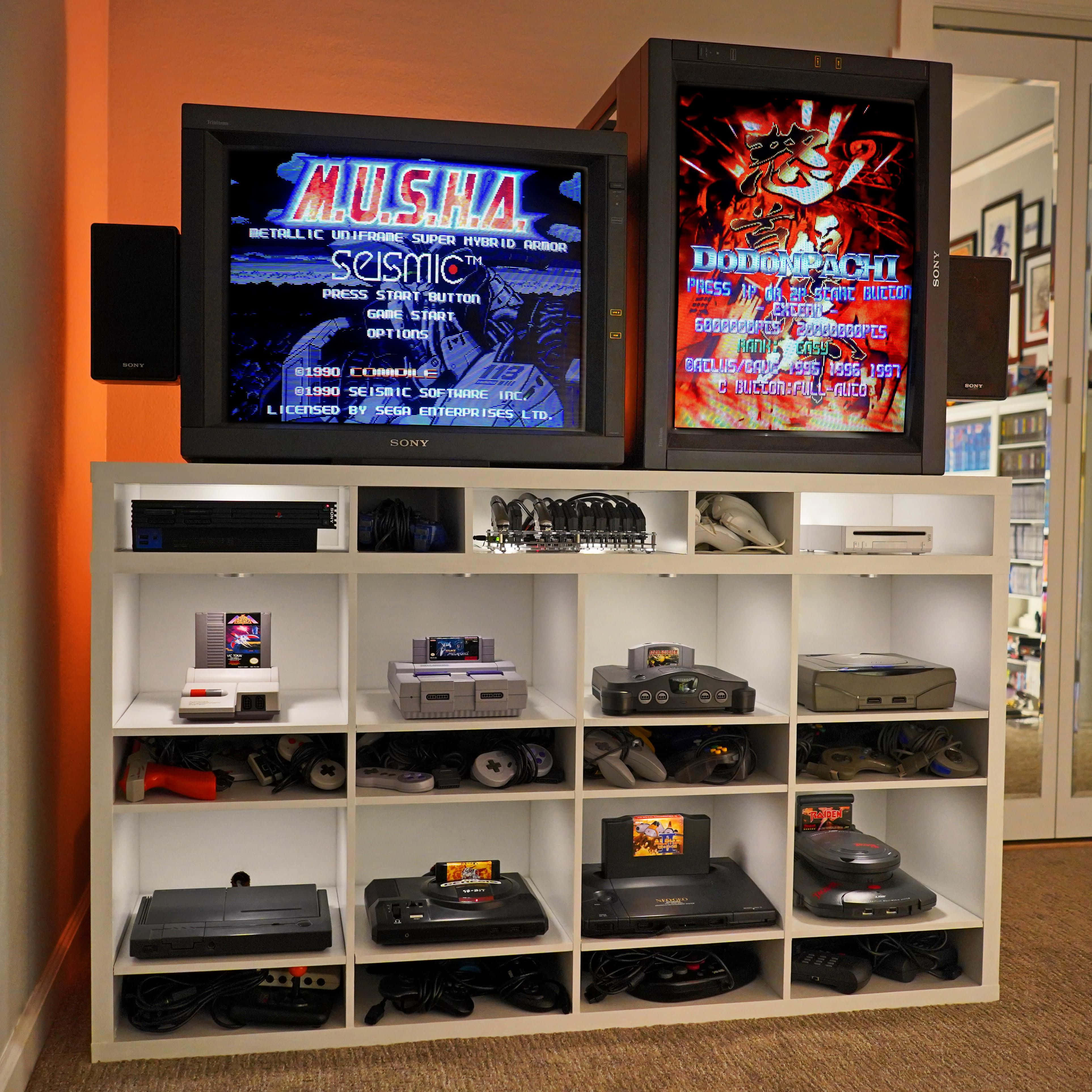 vintage TVs, retro arcade games, white shelf unit, 4K Desktop Wallpaper