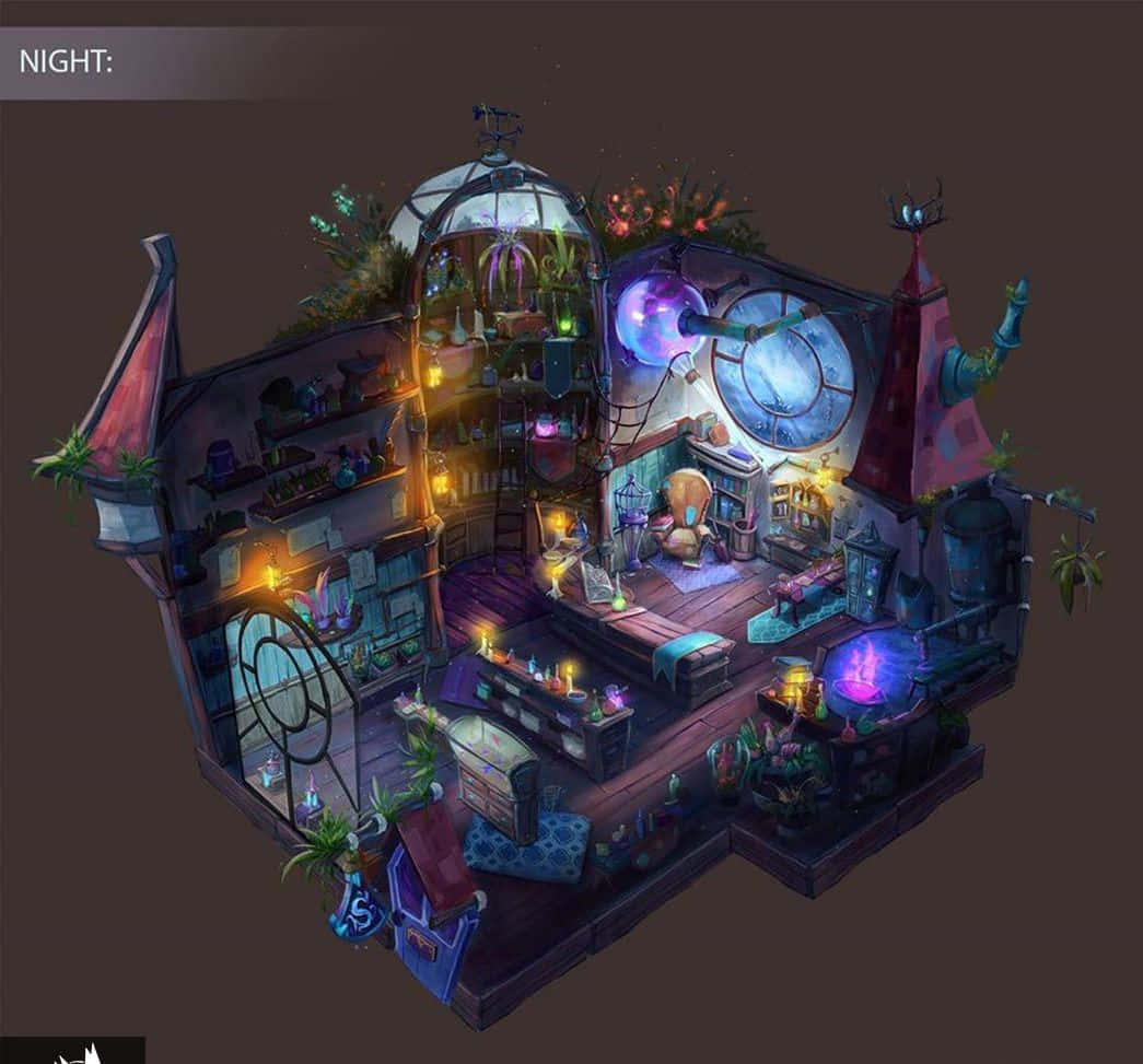 Gaming Experience Redefined, nighttime cross-section, cluttered magical inventor's workshop, SD Desktop Wallpaper