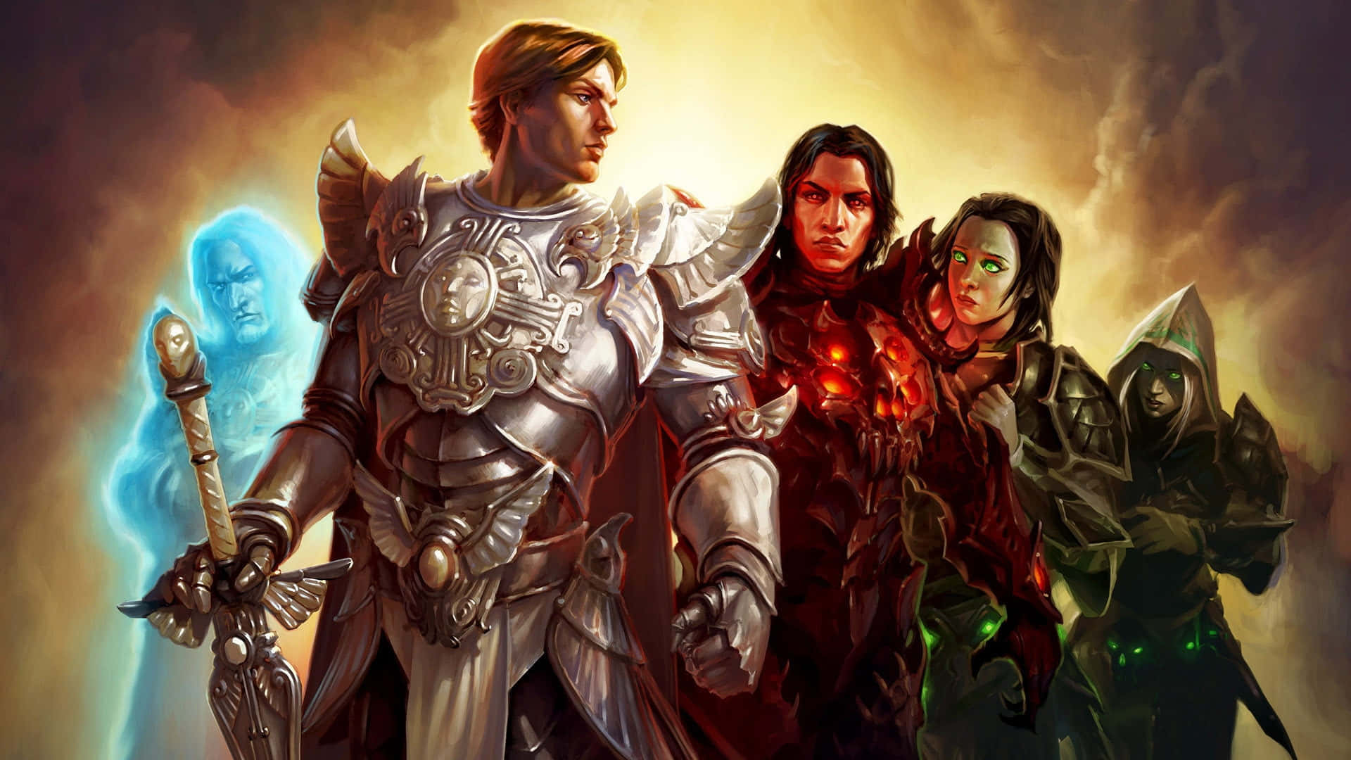 fantasy warriors, ornate armor, glowing golden sky, Full HD Desktop Wallpaper