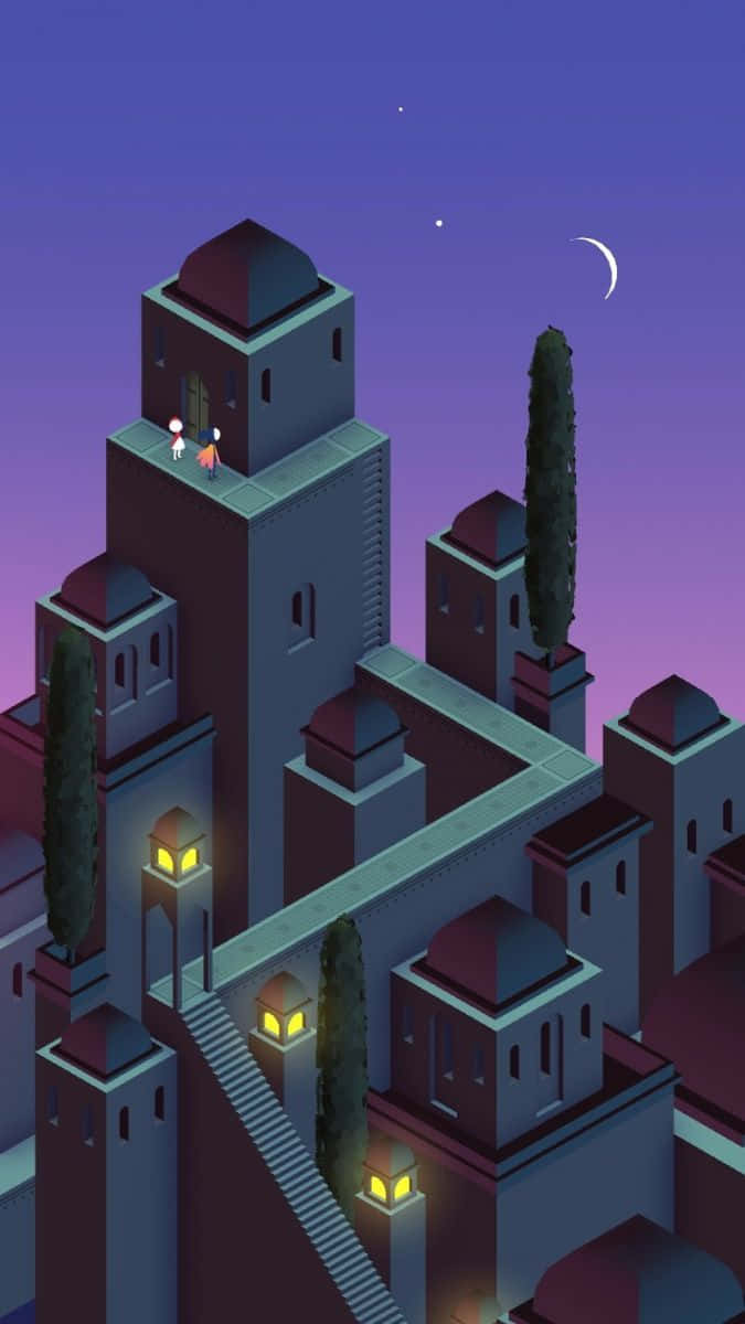 glowing tower, surreal isometric cityscape, twilight sky, SD Phone Wallpaper