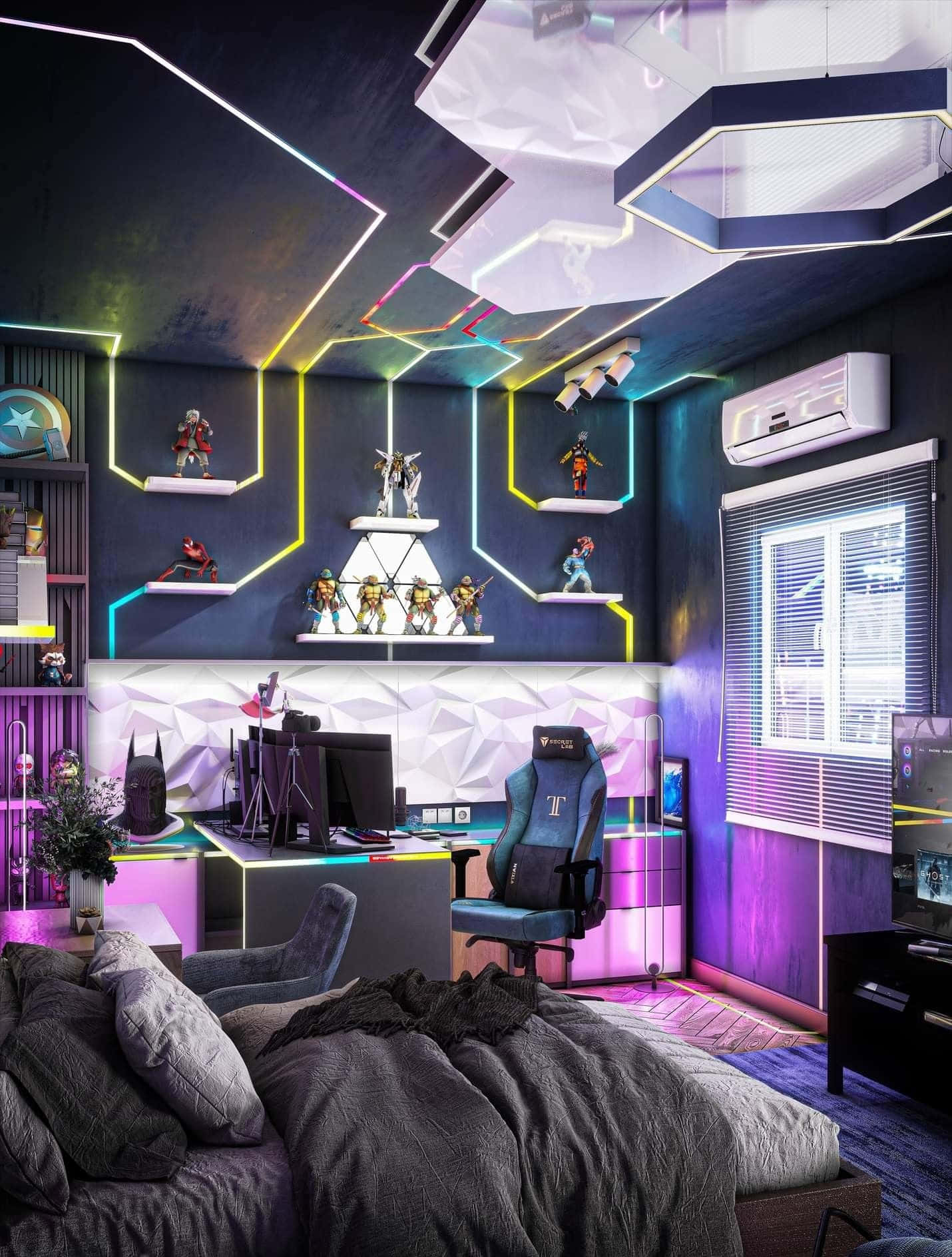 futuristic gaming room, neon-lit hexagonal ceiling panels, shelves displaying superhero figurines, HD Phone Wallpaper