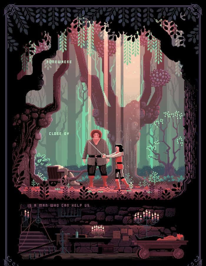 pixel-art figures, mystical forest, glowing trees, SD Phone Wallpaper