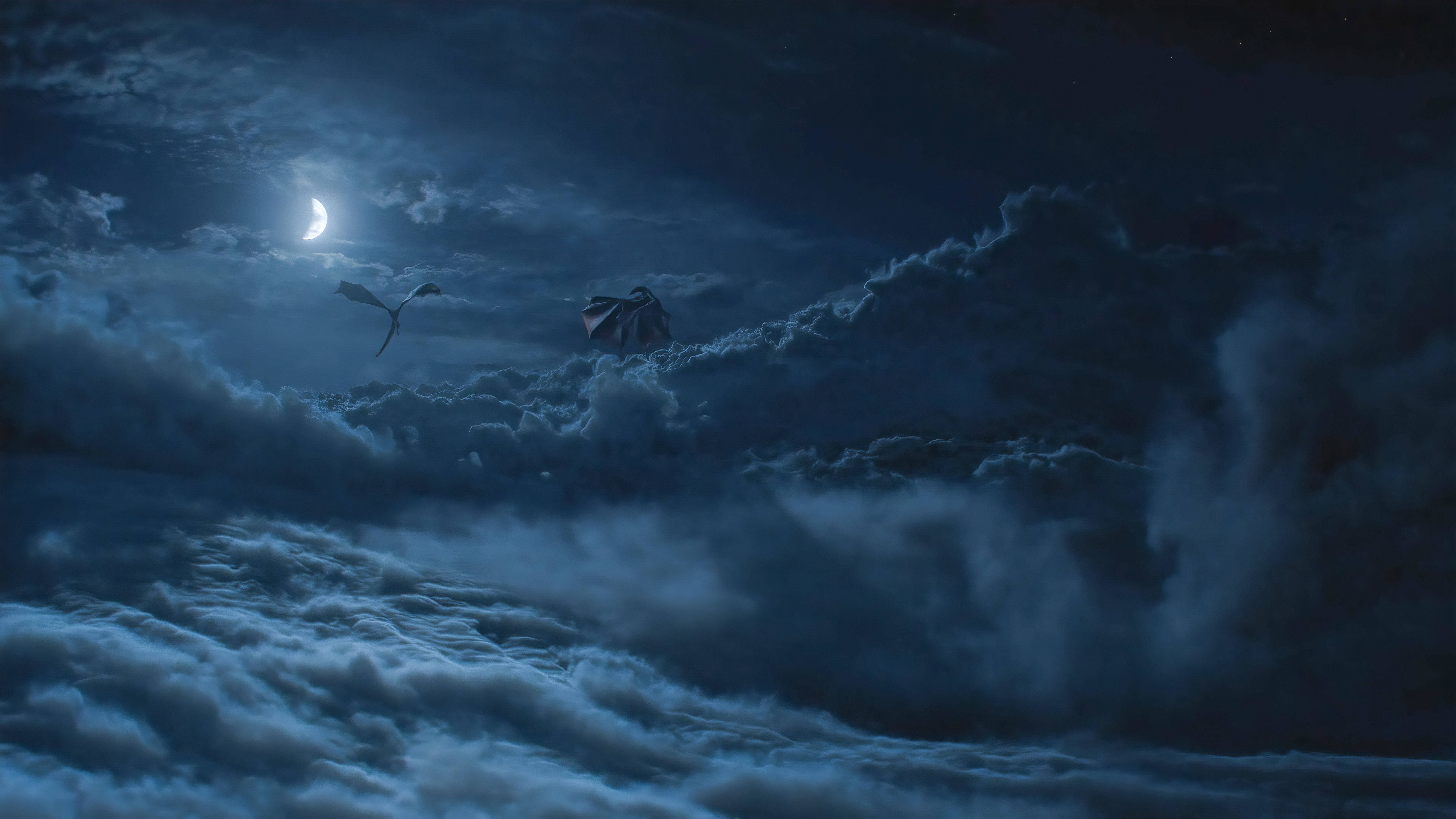 Game Of Thrones Season 8, dragons, moonlit clouds, 8K Desktop Wallpaper