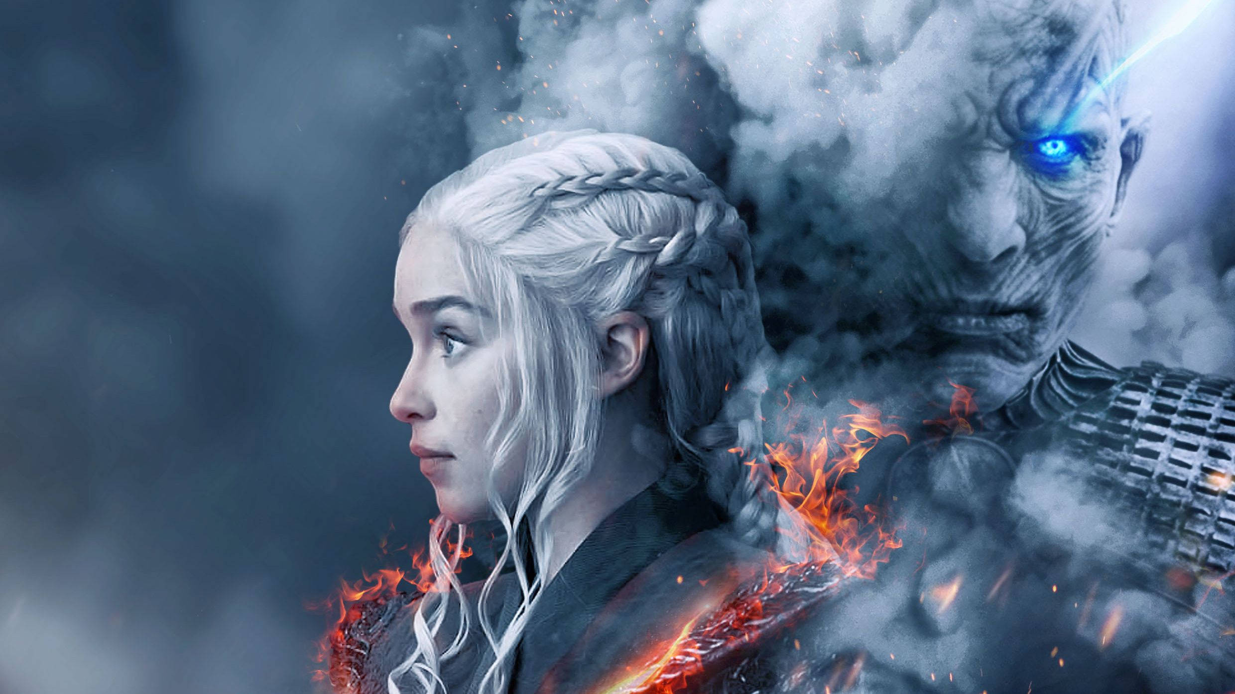 Game Of Thrones Season 8, flaming dragon, blue-eyed ice monster, Full HD Desktop Wallpaper