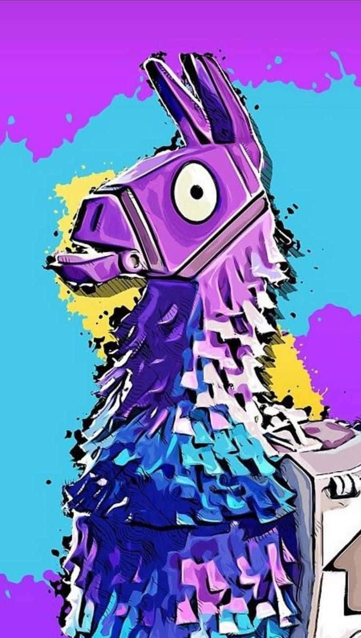 purple llama pinata, bold paint splatters, bright blue and purple background, SD Phone Wallpaper