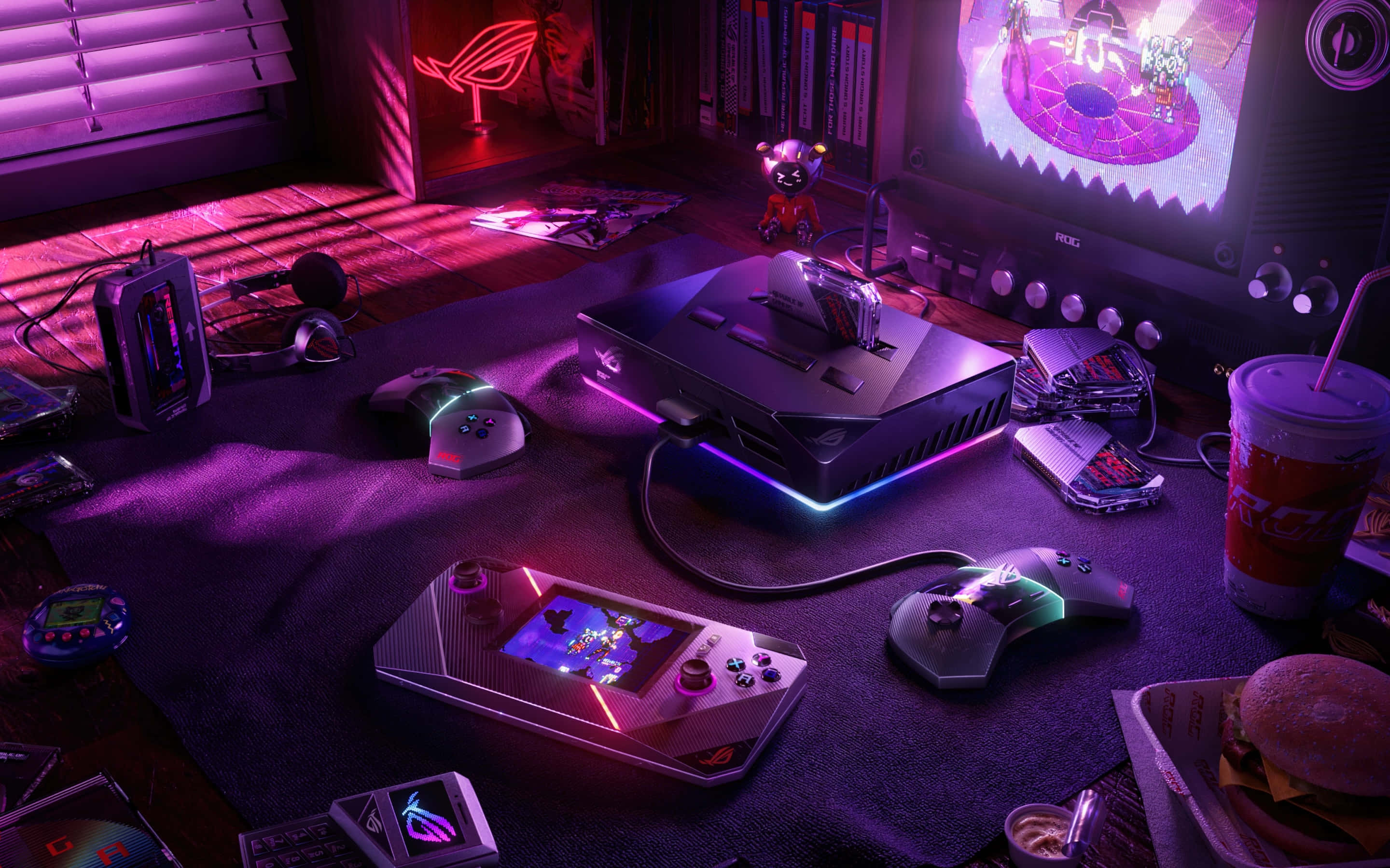 neon-lit gaming setup, glowing controllers, retro TV, 2K Desktop Wallpaper