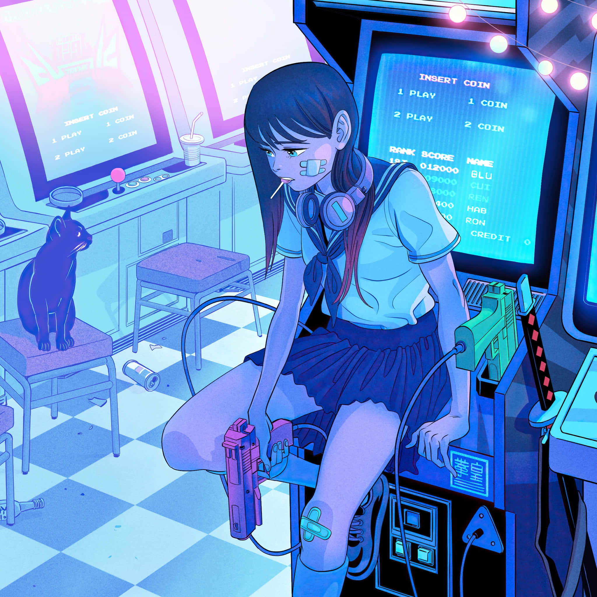 cyberpunk anime girl, school uniform, game machine, Full HD Desktop Wallpaper
