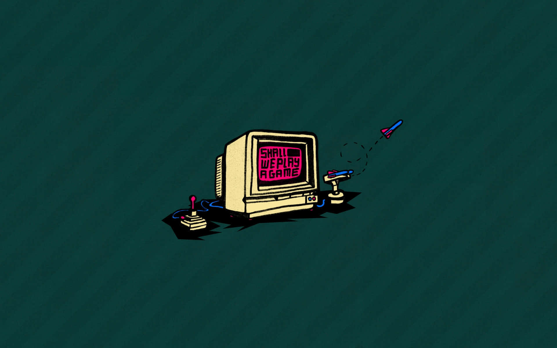 retro beige computer, pink text reading 'SHALL WE PLAY A GAME', dark teal background, Full HD Desktop Wallpaper