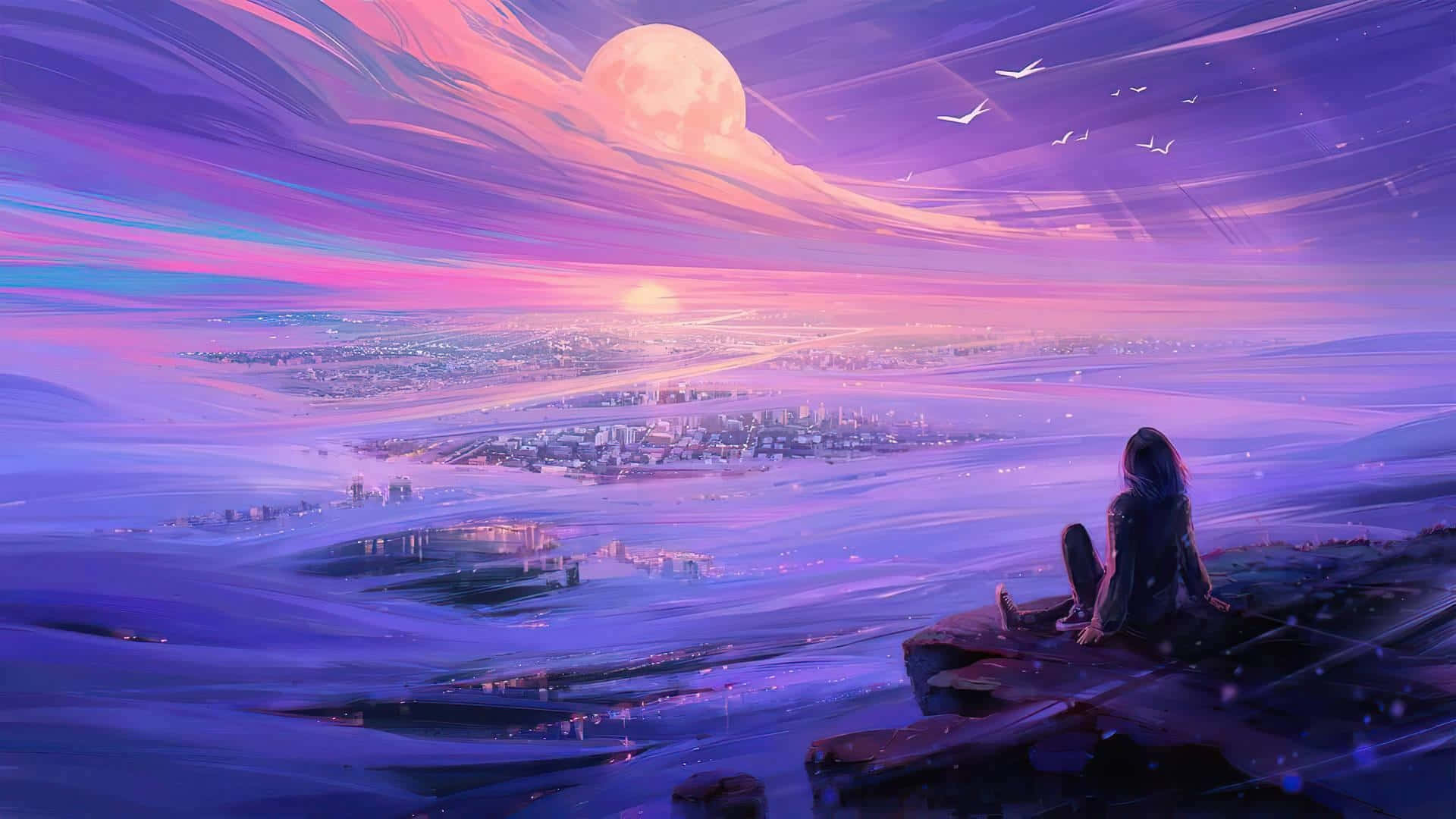 glowing city, massive moon, swirling purple pink sky, Full HD Desktop Wallpaper