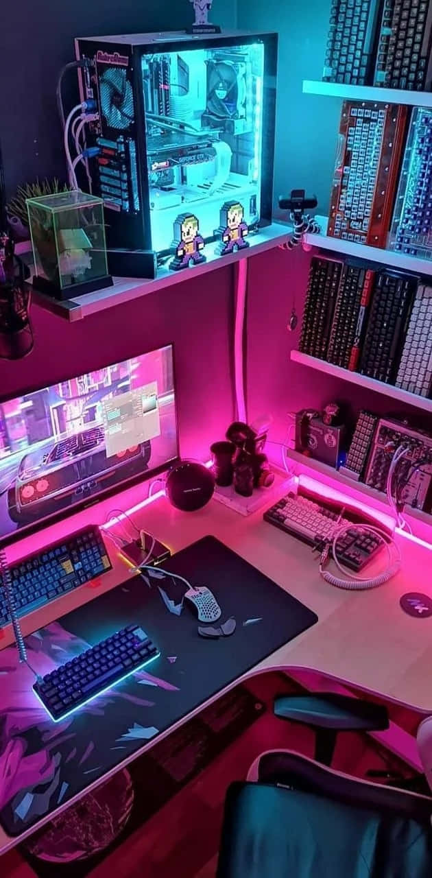 neon-lit gaming desk, glowing transparent PC tower, pink and blue LED lights, HD Phone Wallpaper