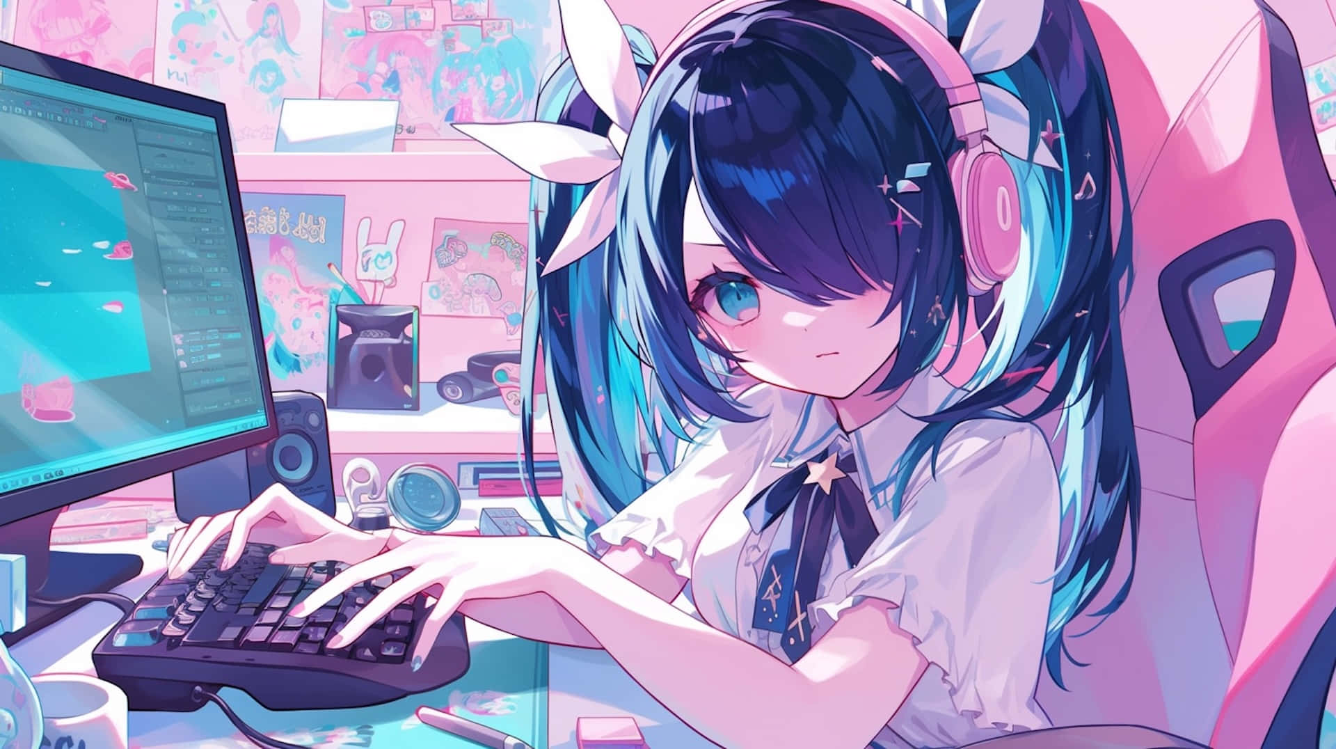 anime girl, blue hair, pink headphones, Full HD Desktop Wallpaper