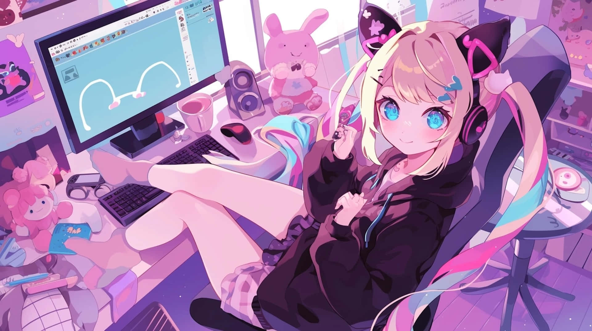 anime girl, cat ears, gaming chair, Full HD Desktop Wallpaper