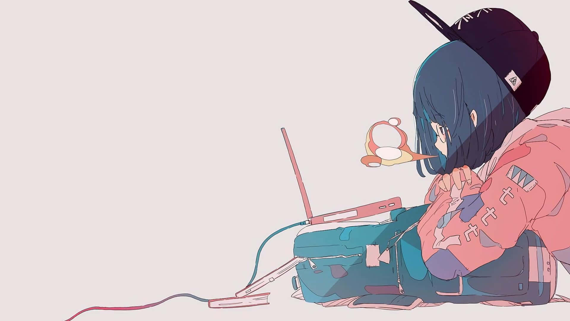 blue-haired anime girl, pink hoodie, black cap, Full HD Desktop Wallpaper