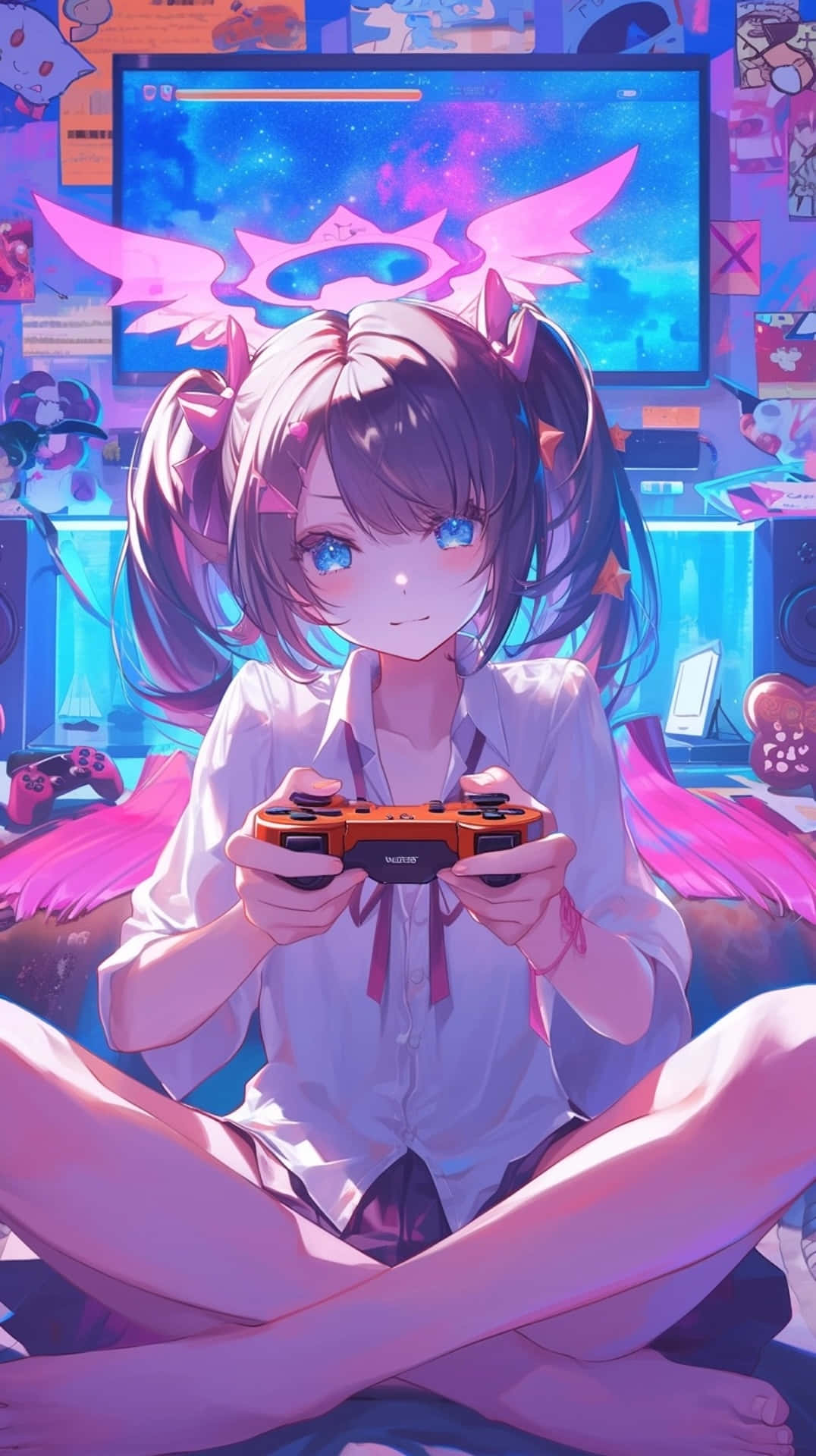 Gamer Girl, pink wings, blue eyes, Full HD Phone Wallpaper
