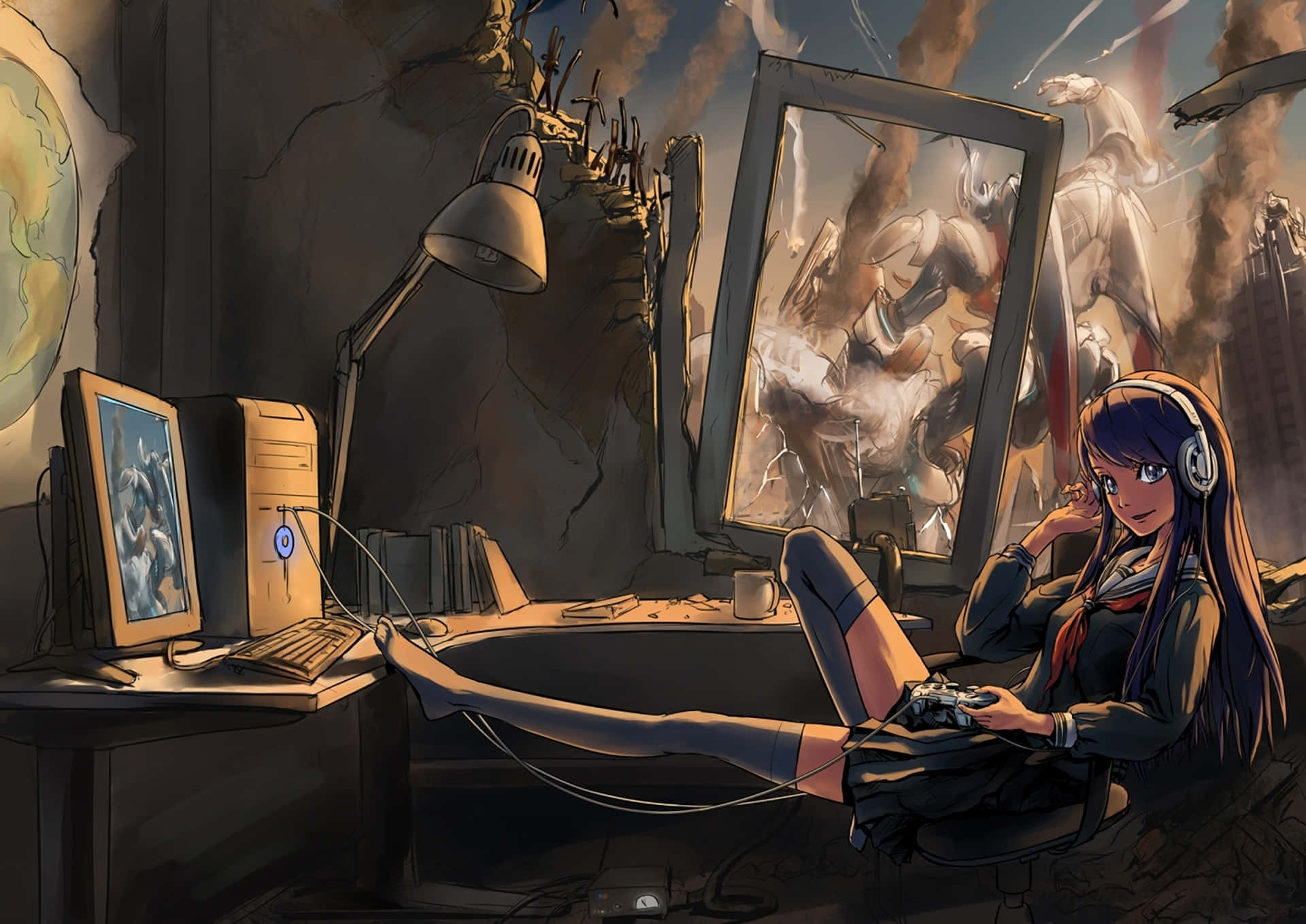 Gamer Girl, post apocalyptic setting, school uniform, Full HD Desktop Wallpaper