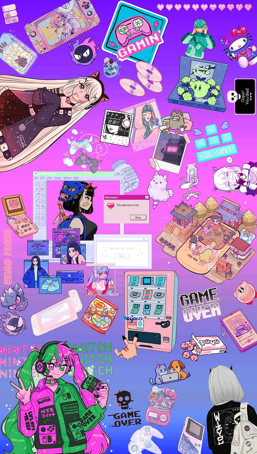 gamer girl aesthetic collage, vibrant purple gradient, anime characters, HD Phone Wallpaper