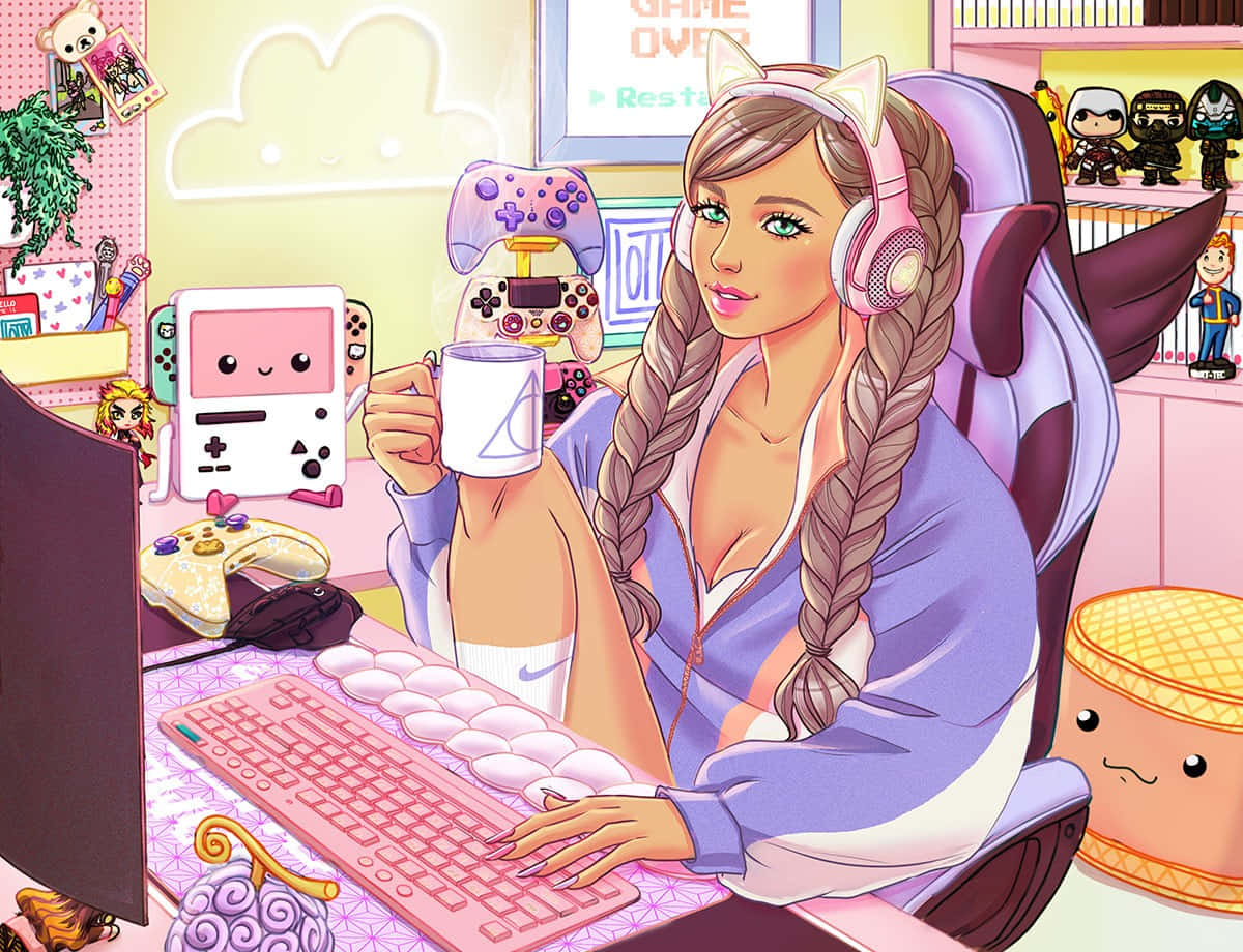gamer girl aesthetic, purple gaming chair, cat ears, SD Desktop Wallpaper