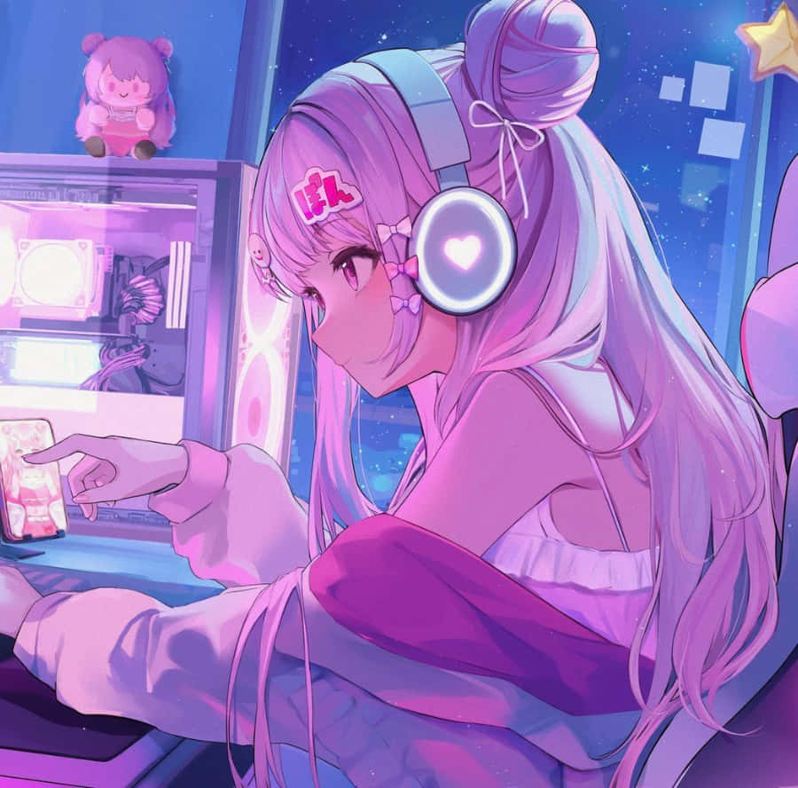 pink-haired anime girl, glowing headphones, phone, SD Desktop Wallpaper