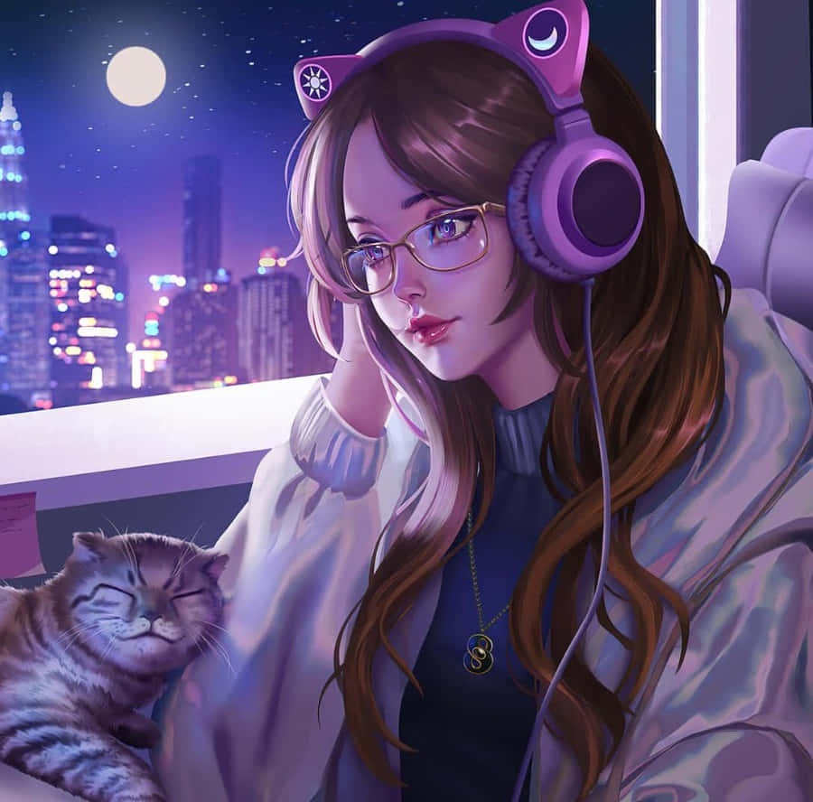 Gamer Girl, purple cat-ear headphones, full moon, SD Desktop Wallpaper