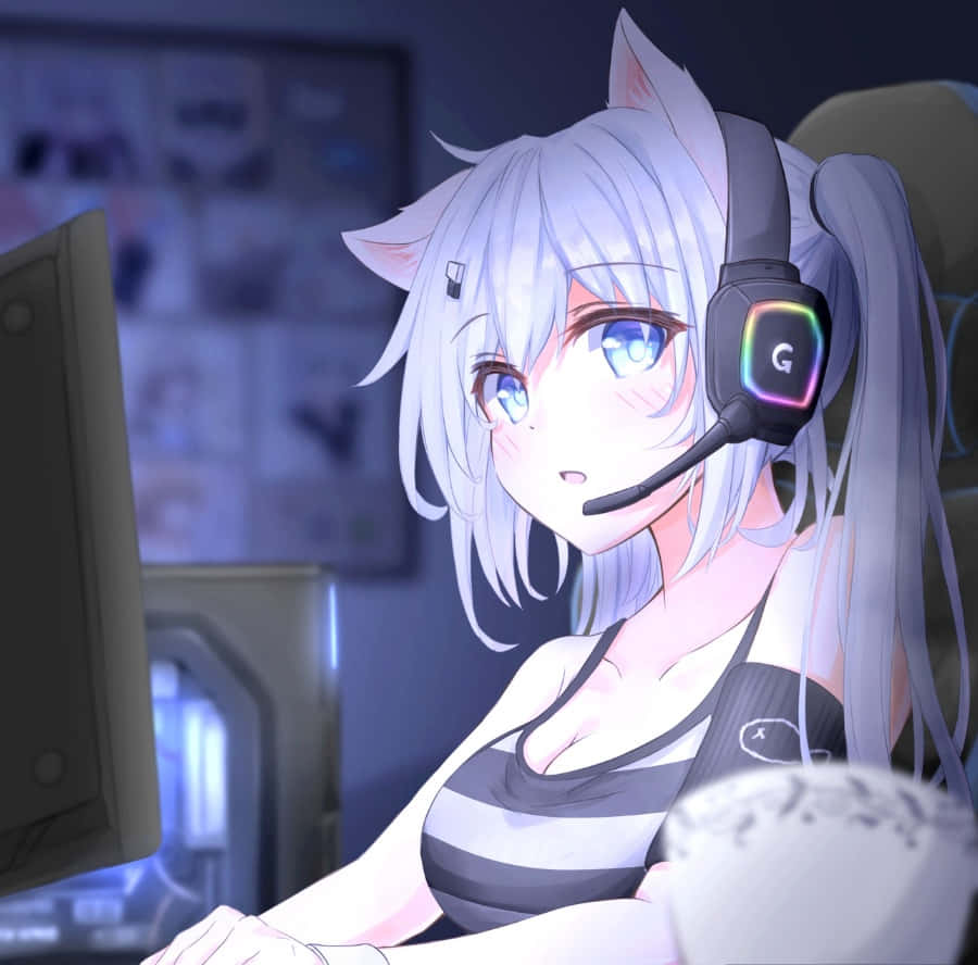 anime gamer girl pfp, silver-haired anime girl, cat ears, SD Desktop Wallpaper