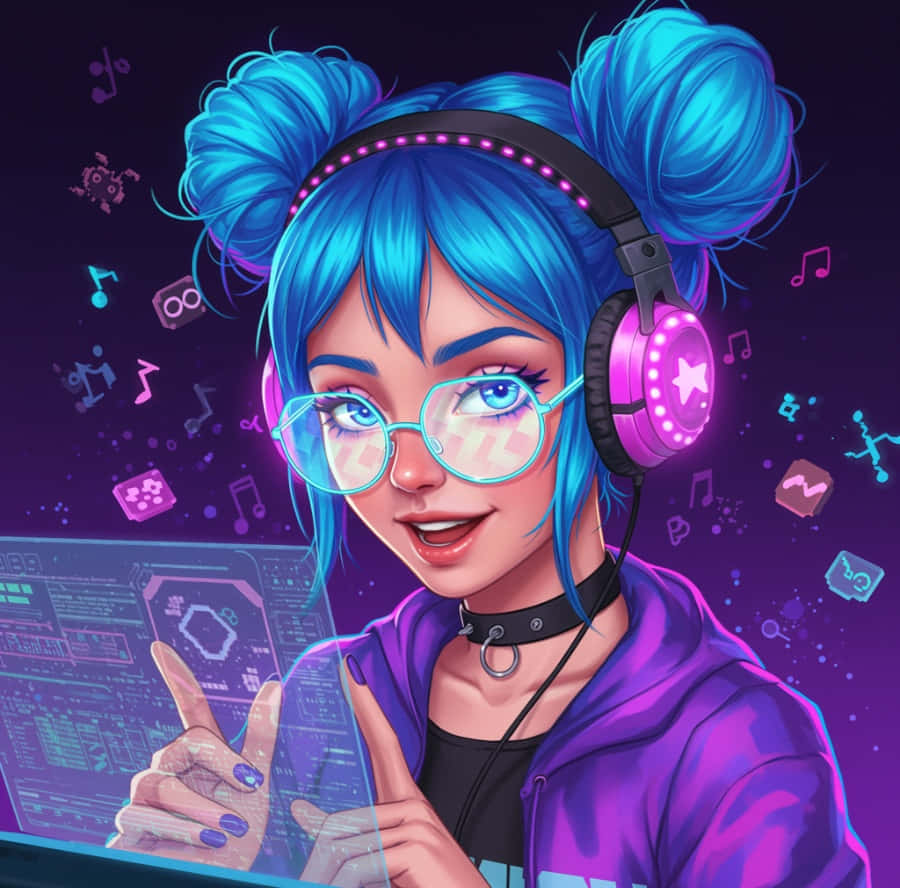vibrant anime girl, blue hair in buns, glowing pink headphones, SD Desktop Wallpaper