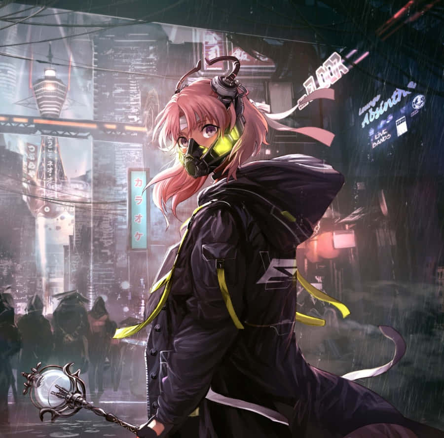 pink-haired anime girl, black raincoat, glowing yellow mask, SD Desktop Wallpaper