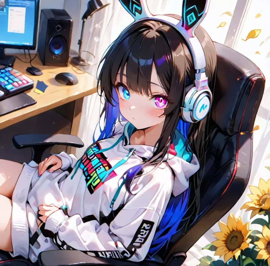 anime gamer girl pfp, glowing eyes, bunny ears, SD Desktop Wallpaper