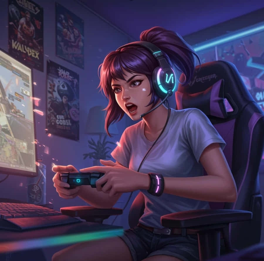 gamer girl, purple hair, gaming chair, SD Desktop Wallpaper