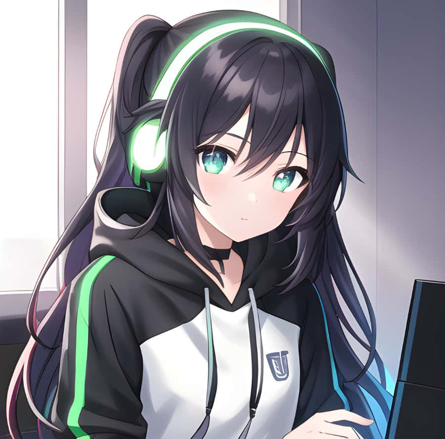 Gamer Girl Anime Pfp, glowing green headphones, cyan eyes, SD Desktop Wallpaper