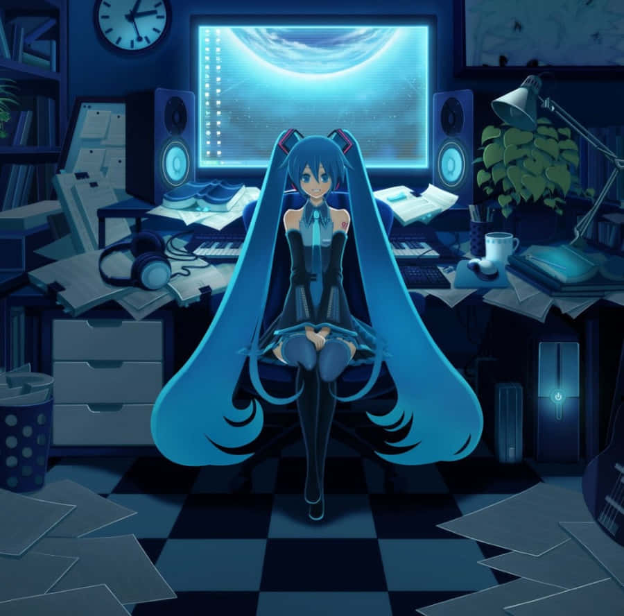 Gamer Girl Anime Pfp, long blue hair, cluttered desk, SD Desktop Wallpaper