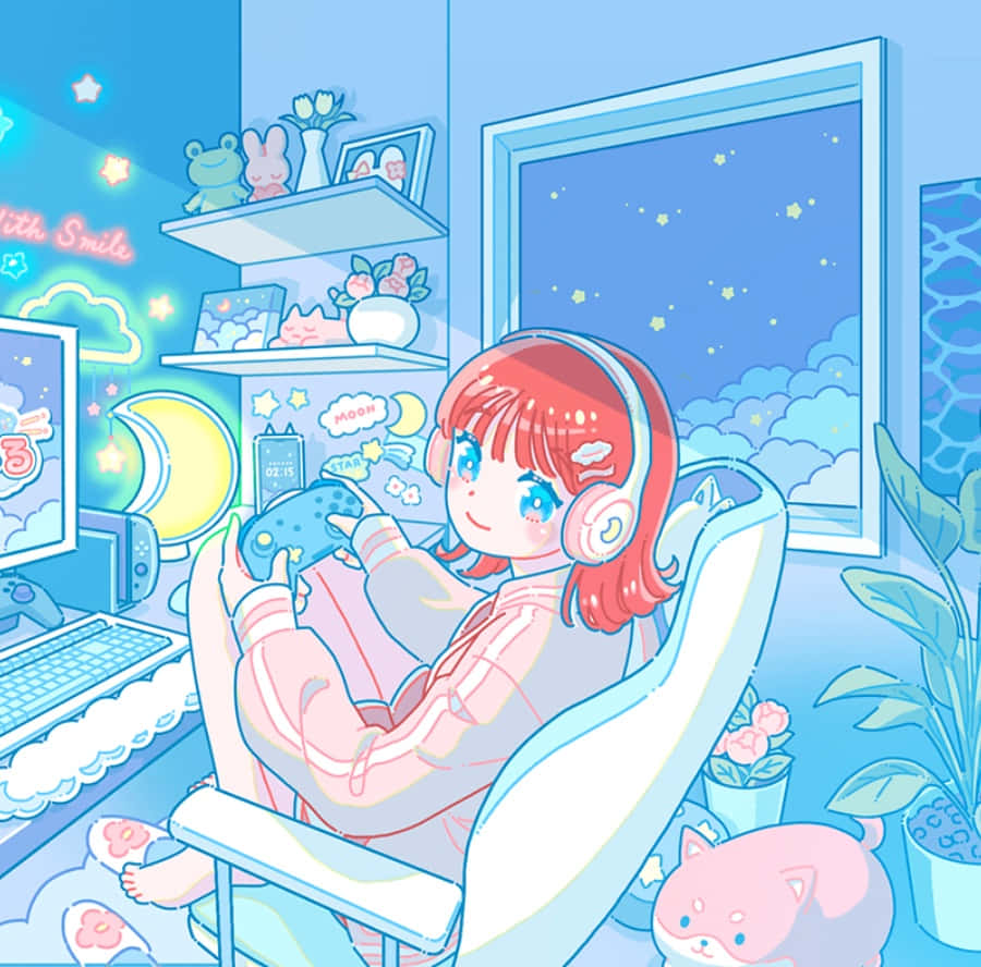 cozy gamer girl setup, anime girl, red hair, SD Desktop Wallpaper