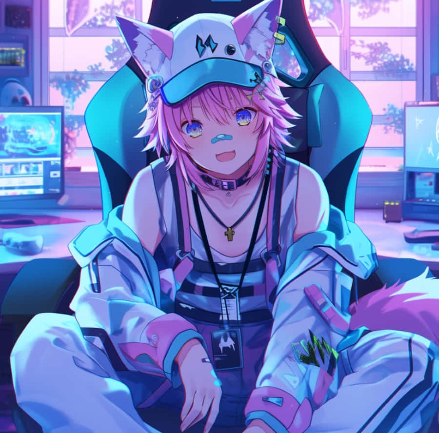 anime gamer girl pfp, pink hair, cat ears, SD Desktop Wallpaper