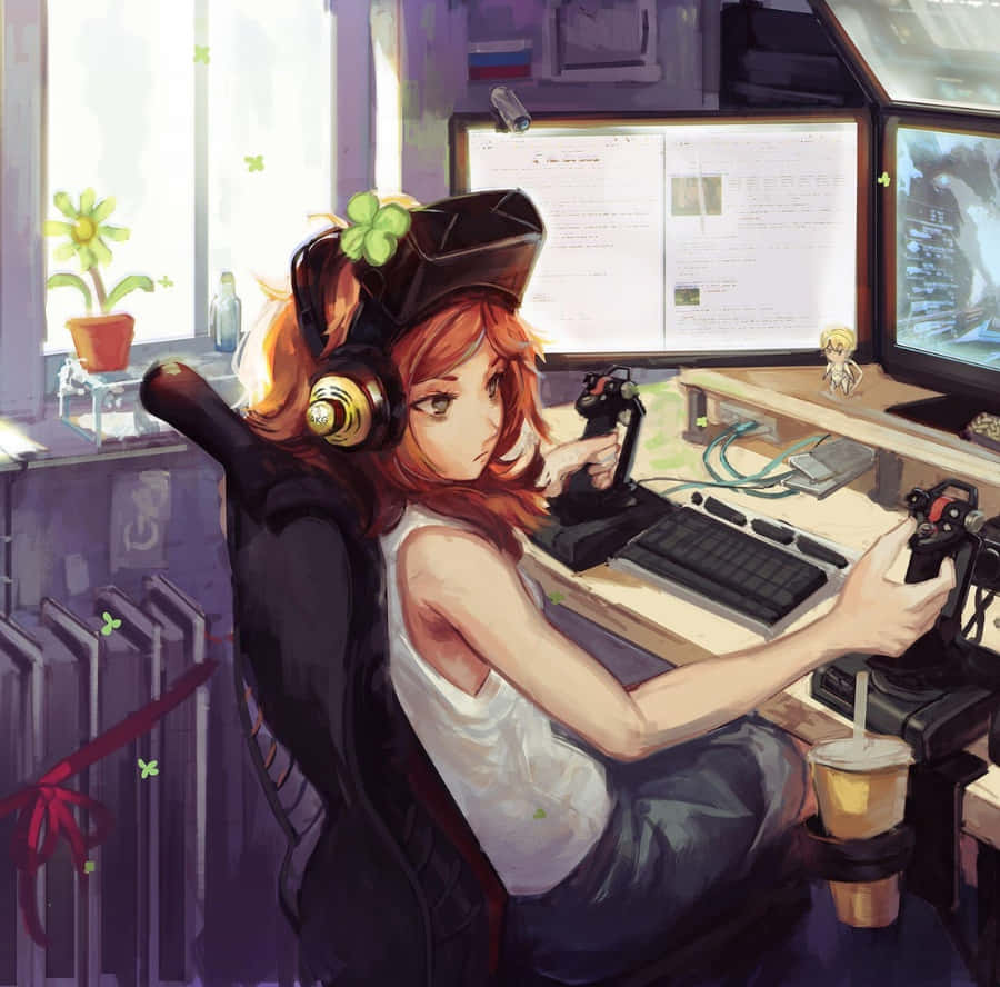 gamer girl, red hair, headphones, SD Desktop Wallpaper